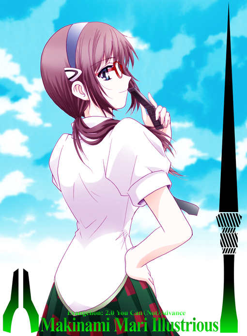 shiduki mitiru, shizuki michiru, makinami mari illustrious, evangelion: 2.0 you can (not) advance, neon genesis evangelion, rebuild of evangelion, 00s, 1girl, blue eyes, brown hair, cellphone, cloud, day, dress shirt, female focus, glasses, hairband, hand on own hip, hip focus, lance, logo, long hair, low twintails, miniskirt, necktie, phone, plaid clothes, plaid skirt, pleated skirt, polearm, school uniform, shirt, skirt, sky, solo, standing, thighhighs, twintails, weapon
