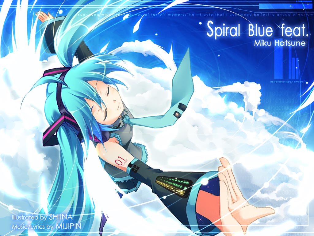child-box, hatsune miku, vocaloid, md5 mismatch, resolution mismatch, source smaller, 1girl, aqua hair, closed eyes, cloud, detached sleeves, female focus, flying, long hair, necktie, solo, twintails