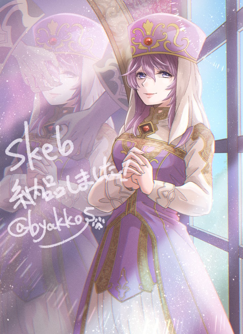 byakkos, eremiya (fire emblem), fire emblem, fire emblem: new mystery of the emblem, nintendo, commission, highres, skeb commission, 1girl, blue eyes, breasts, dress, hat, long dress, long hair, long sleeves, looking at viewer, medium breasts, purple dress, purple eyes, purple hair, purple hat, purple lips, solo, veil, white veil