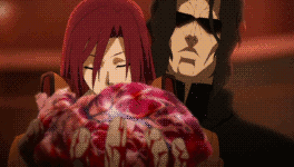 aozaki touko, araya souren, kara no kyoukai, animated, animated gif, lowres, blood, guro, heart (organ)