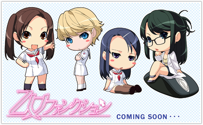 ino (magloid), kisaragi rei, kousaka rino, mochizuki nonoka, tatiana vasilievna stalina, otome function, 4girls, black hair, blonde hair, blue eyes, blue hair, blush, blush stickers, brown hair, chibi, computer mouse, crossed arms, crossed legs, glasses, hand on own hip, hip focus, kneehighs, lab coat, lineup, lipstick, long hair, makeup, miniskirt, multiple girls, purple eyes, red eyes, school uniform, serafuku, short hair, sitting, skirt, socks, thighhighs, twintails
