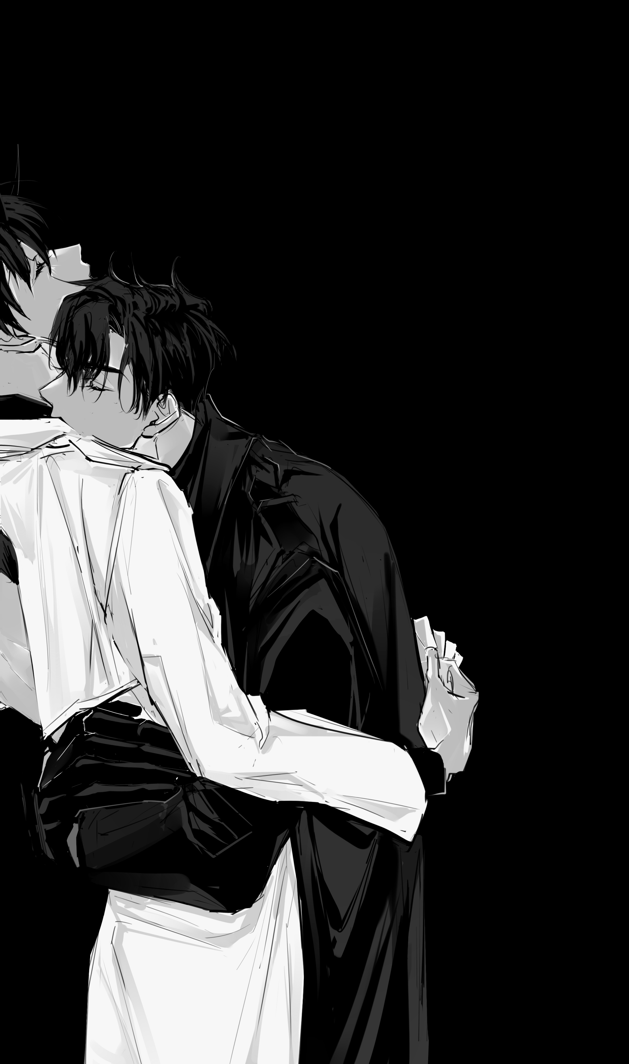 kim dokja, yoo joonghyuk, omniscient reader's viewpoint, absurdres, commentary, english commentary, highres, thumbnail surprise, 2boys, black coat, black gloves, black hair, closed eyes, coat, cowboy shot, demon horns, gloves, greyscale, head on another's shoulder, head tilt, horns, hug, large hands, male focus, monochrome, multiple boys, out of frame, rhyme1863, short hair, slouching, white coat