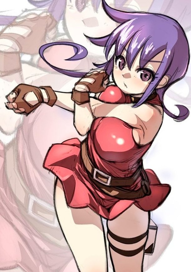 yoshikage (yo4kage), tasogare mimi, duel masters, 1girl, bare shoulders, breasts, brown gloves, cowboy shot, dress, fingerless gloves, gloves, large breasts, purple eyes, purple hair, red dress, simple background, sketch, solo focus, stretching, zoom layer