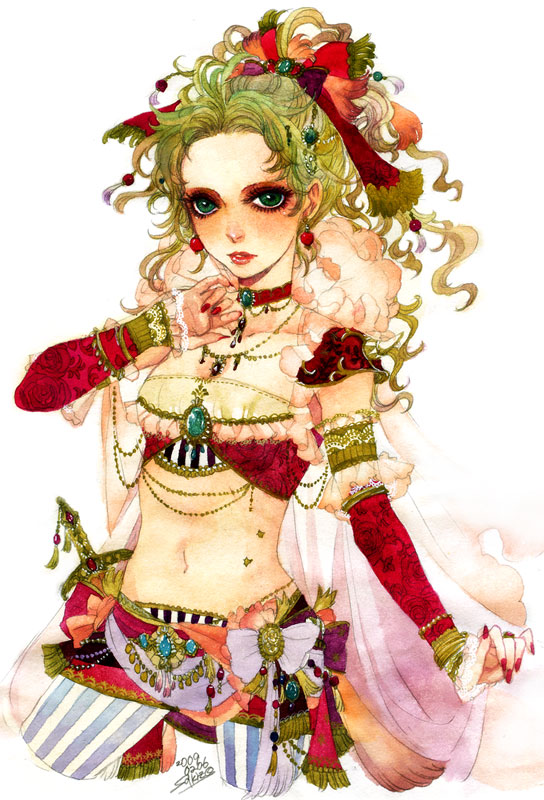 sakizou, tina branford, final fantasy, final fantasy vi, bad id, bad pixiv id, painting (medium), traditional media, watercolor (medium), 1990s (style), 1girl, bandeau, blonde hair, bow, bracelet, cape, choker, detached sleeves, earrings, fashion, female focus, fingernails, flower, green eyes, hair bow, hair ornament, hairpin, jewelry, lipstick, long hair, makeup, midriff, nail (hardware), nail polish, necklace, pantyhose, ponytail, red nails, retro artstyle, ring, shoulder pads, skirt, solo, strapless, sword, tube top, weapon