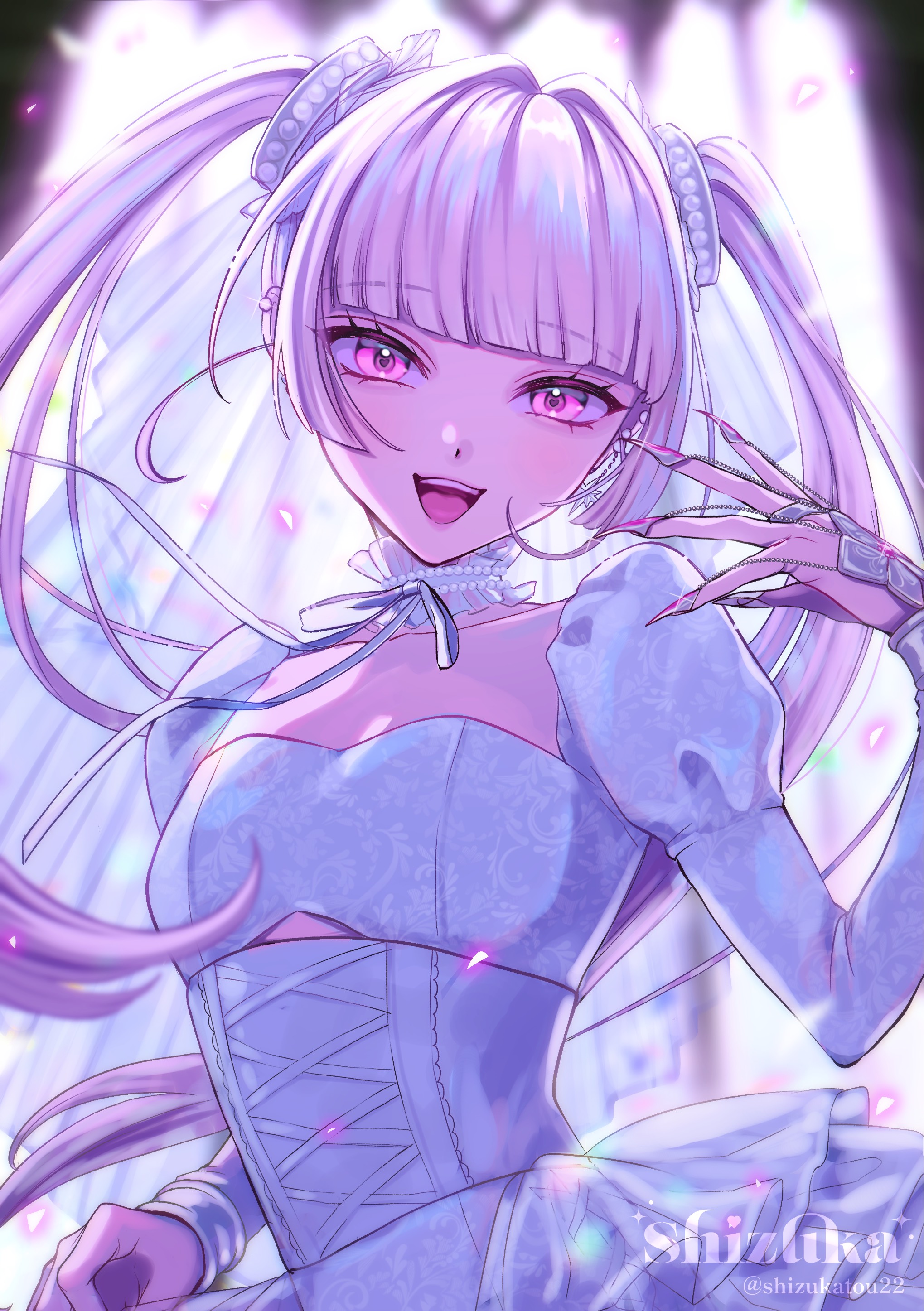 usagiboshi shizuka, original, absurdres, commentary, highres, 1girl, blunt bangs, blurry, blurry background, choker, dress, fingernails, frilled choker, frills, hair between eyes, hand up, juliet sleeves, long hair, long sleeves, open mouth, pink eyes, pink hair, pink nails, puffy sleeves, ribbon, sharp fingernails, smile, solo, teeth, tongue, twintails, upper body, upper teeth only, white dress, white ribbon