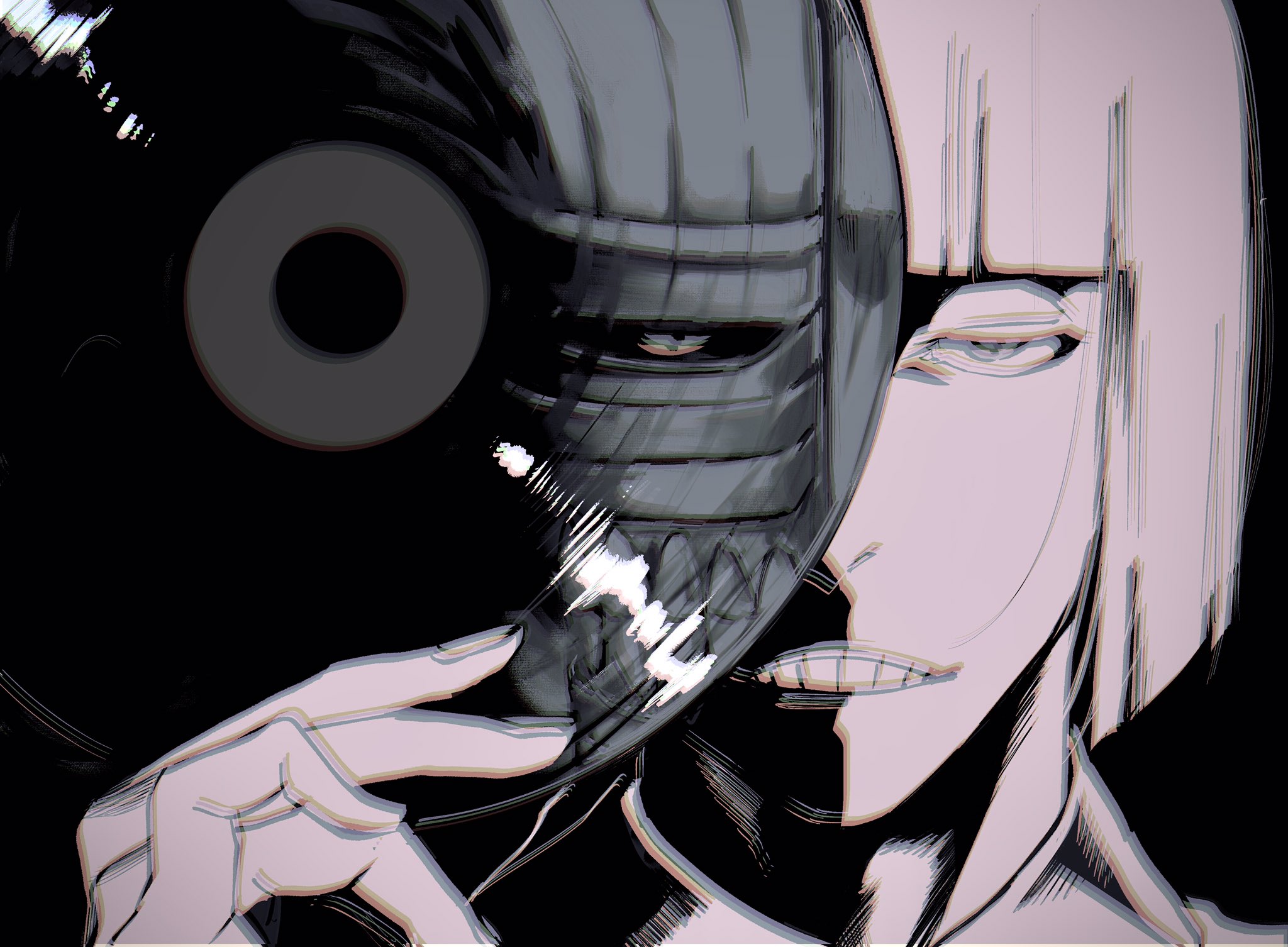 siji105, hirako shinji, bleach, commentary request, highres, 1boy, black background, blunt bangs, blunt ends, different reflection, fingernails, greyscale, hollow mask, looking at viewer, male focus, monochrome, reflection, short hair, simple background, solo, vinyl record
