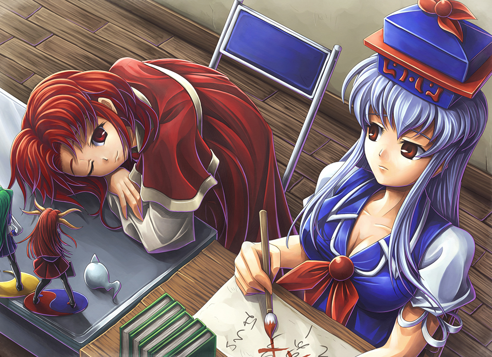 koto tsubane, bakebake (touhou), kamishirasawa keine, mima (touhou), okazaki yumemi, shingyoku (touhou), phantasmagoria of dim.dream, touhou, touhou (pc-98), 2girls, breasts, cleavage, female focus, ghost, multiple girls, one eye closed, school uniform, serafuku, wink