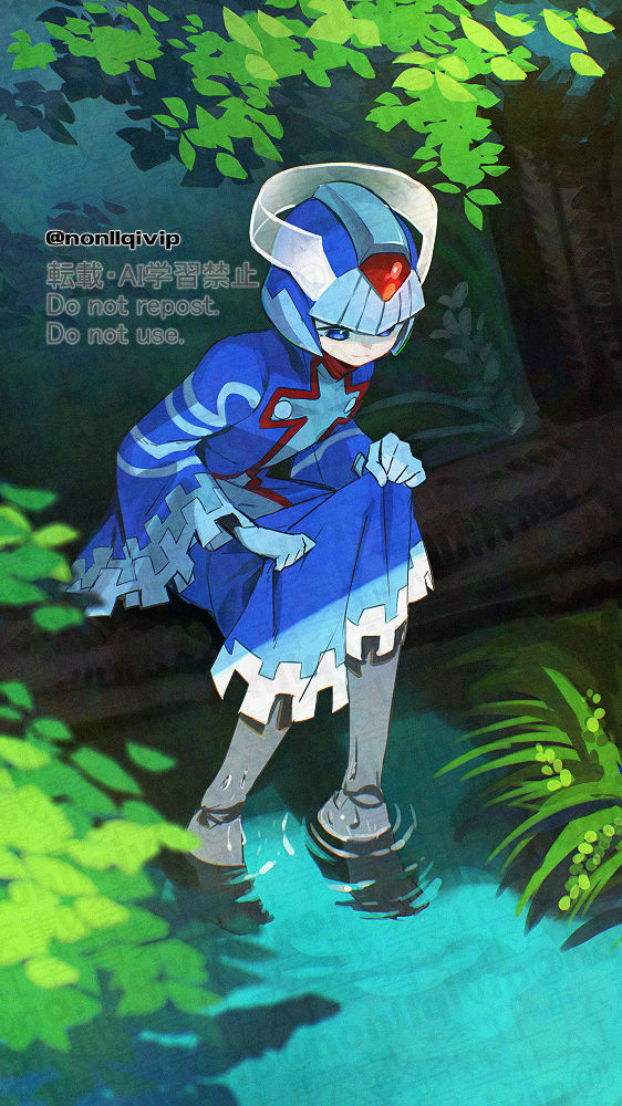 yamanashi taiki, cyber elf x (mega man), x (mega man), mega man (series), mega man zero (series), 1boy, blue eyes, blue helmet, blue robe, forehead jewel, forest, halo, helmet, male focus, nature, robe, robe lift, sitting, solo