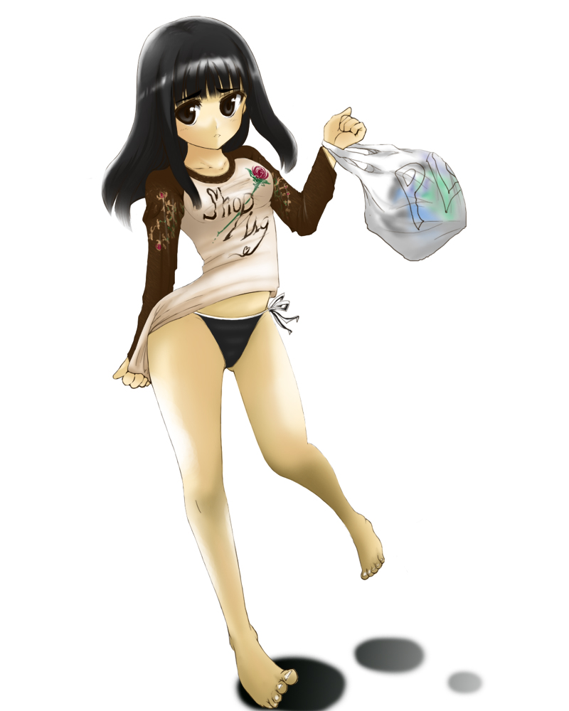 hanamaru (artist), 1girl, bag, barefoot, bikini, bikini under clothes, black bikini, black eyes, black hair, feet, female focus, long hair, plastic bag, raglan sleeves, side-tie bikini bottom, solo, swimsuit, swimsuit under clothes