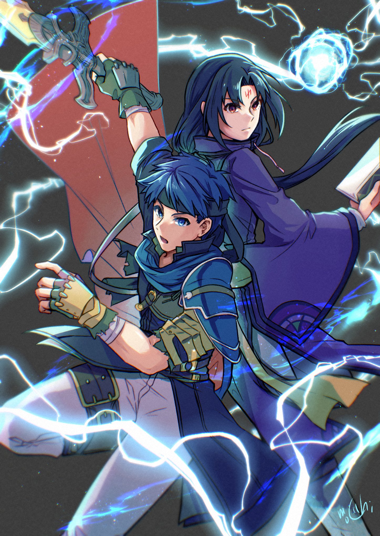 mochi88543, ike (fire emblem), soren (fire emblem), fire emblem, fire emblem: path of radiance, nintendo, highres, 2boys, back-to-back, black hair, blue eyes, blue hair, book, fingerless gloves, gloves, holding, holding book, long hair, looking at viewer, male focus, multiple boys, open book, pants, ragnell, red eyes, white pants