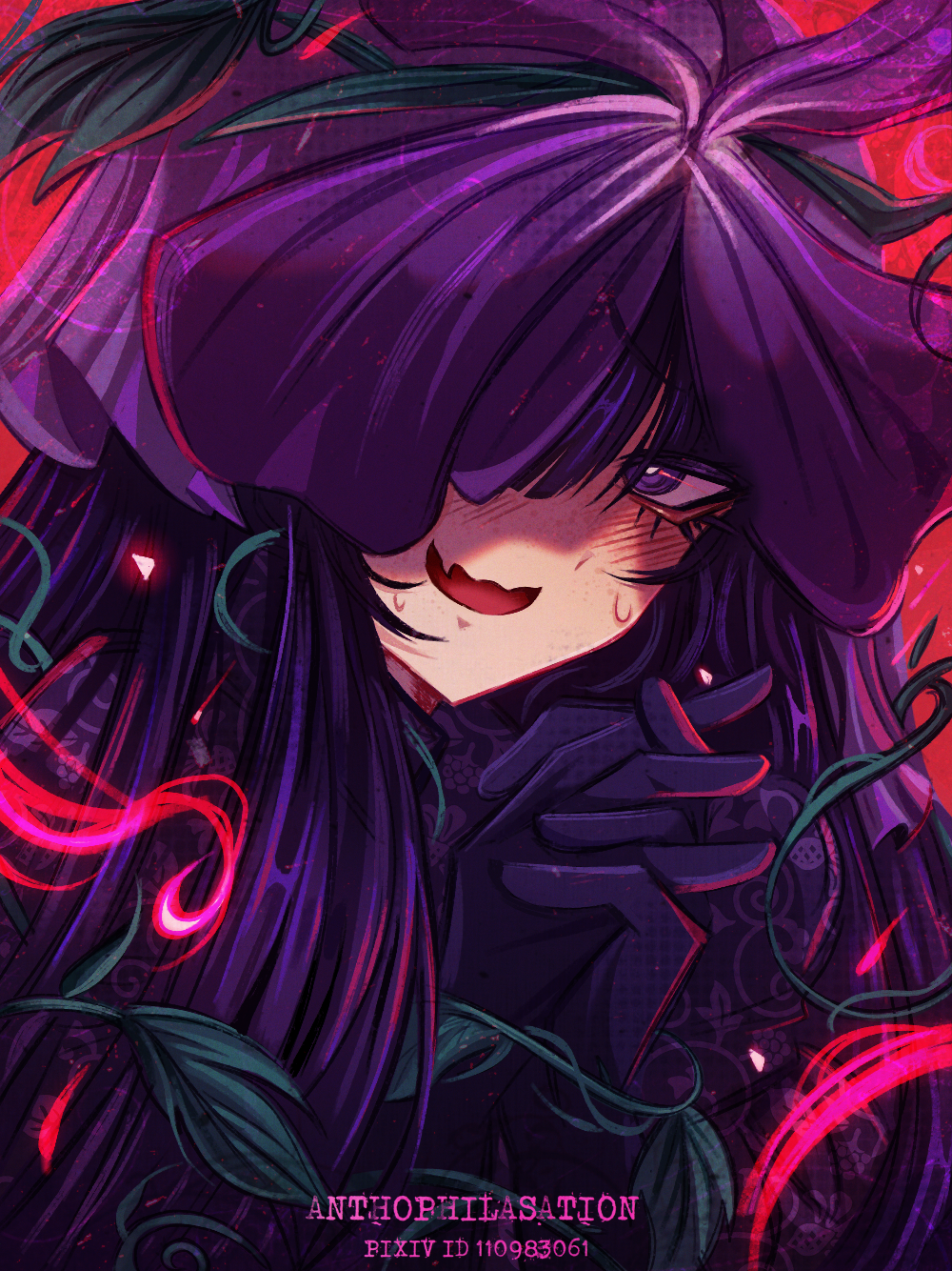 yomotsu hisami, touhou, commentary request, highres, 1girl, anthophilasation, black gloves, blush, dress, fang, flower, flower on head, gloves, interlocked fingers, long hair, looking at viewer, nervous smile, one eye covered, own hands clasped, own hands together, plant, portrait, purple dress, purple eyes, purple flower, purple hair, red background, skin fang, smile, solo, straight hair, sweat, vines, watermark