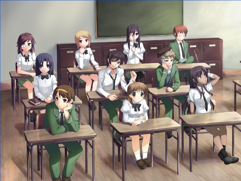 hayashi akio, ikezawa hanako, inoue naomi (katawa shoujo), kawana misaki, komaki ikuno, lelouch vi britannia, maeda takashi, miura miki, ooe natsume, suzumiya haruhiko, code geass, katawa shoujo, suzumiya haruhi no yuuutsu, game cg, gender request, 00s, 10s, 4boys, 6+girls, amputee, bandages, blonde hair, blue eyes, brown hair, cameo, cane, classroom, closed eyes, crossover, genderswap, glasses, hat, headband, long hair, multiple boys, multiple girls, necktie, pantyhose, purple eyes, purple hair, red eyes, ribbon, scar, school, school uniform, short hair