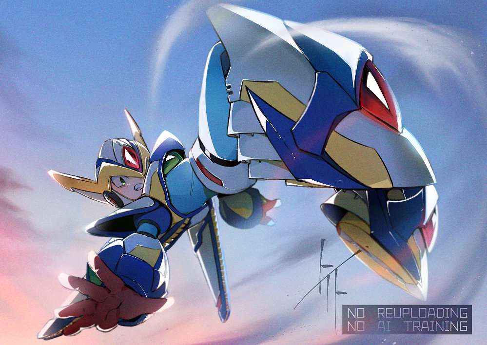 to i to io, falcon armor x (mega man), x (mega man), mega man (series), mega man x (series), 1boy, android, armor, clenched teeth, full body, helmet, male focus, midair, solo, teeth, watermark, white armor, white helmet