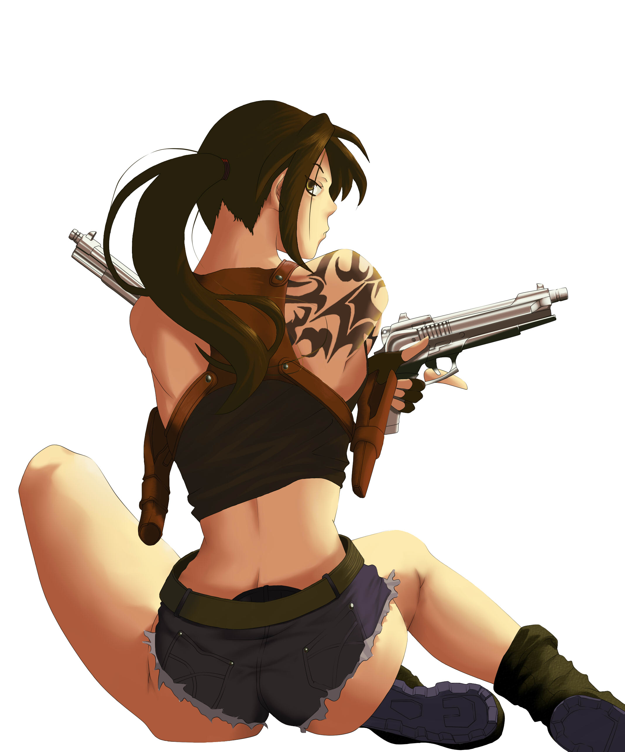 6896952, revy (black lagoon), black lagoon, absurdres, highres, 00s, 1girl, beretta 92, denim, denim shorts, dual wielding, female focus, gun, handgun, holding, holster, looking back, midriff, pistol, semi-automatic pistol, shorts, shoulder holster, solo, tattoo, trigger discipline, weapon