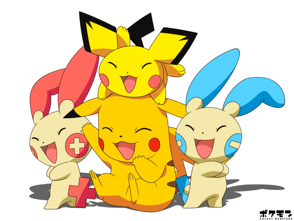 rindou (awoshakushi), minun, pichu, pikachu, plusle, nintendo, pokemon, copyright name, gen 1 pokemon, gen 2 pokemon, gen 3 pokemon, happy, laughing, no humans, pokemon (creature), simple background, smile