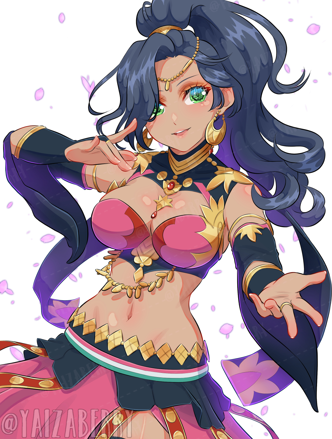 yaizaberry, leda (fire emblem), fire emblem, fire emblem: fortune's weave, nintendo, highres, 1girl, blue eyes, blue hair, breasts, cleavage, crescent, crescent earrings, dancer, dark-skinned female, dark skin, earrings, gold choker, gold earrings, harem outfit, high ponytail, jewelry, large breasts, long hair, looking at viewer, navel, ponytail, solo, stomach