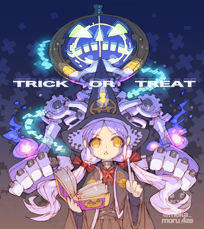 nakayama tooru, original, 1girl, black hat, black robe, cowboy shot, gradient background, halloween, hat, purple eyes, purple hair, robe, simple background, solo, trick or treat, witch hat