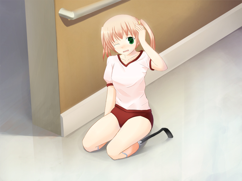 ibarazaki emi, katawa shoujo, game cg, 10s, 1girl, amputee, blush, female focus, green eyes, gym uniform, one eye closed, orange hair, prosthesis, prosthetic leg, solo, twintails, wink