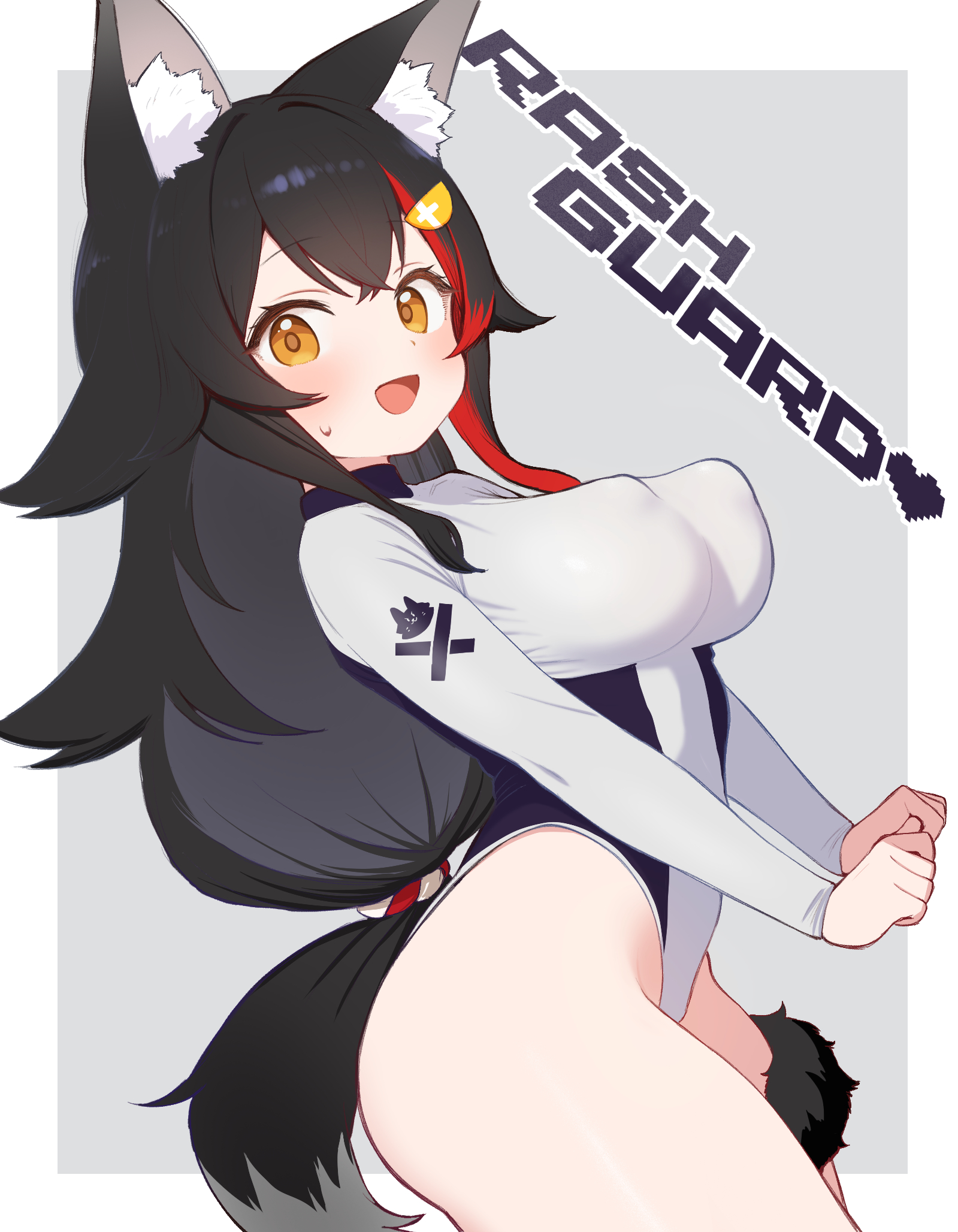 kani bonara, ookami mio, hololive, alternate costume, animal ears, breasts, large breasts, leotard, no bra, tail, virtual youtuber, wolf ears, wolf girl, wolf tail