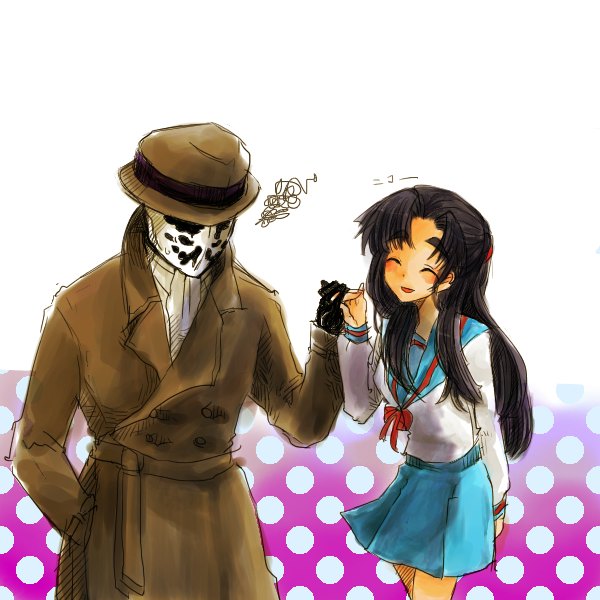 hase fuuko, asakura ryoko, rorschach, dc comics, m.u.g.e.n, suzumiya haruhi no yuuutsu, watchmen, bad id, bad pixiv id, 00s, 1girl, blue eyes, blue hair, buttons, closed eyes, coat, crossover, double-breasted, gloves, hat, knife, long hair, mask, school uniform, serafuku, skirt, trench coat