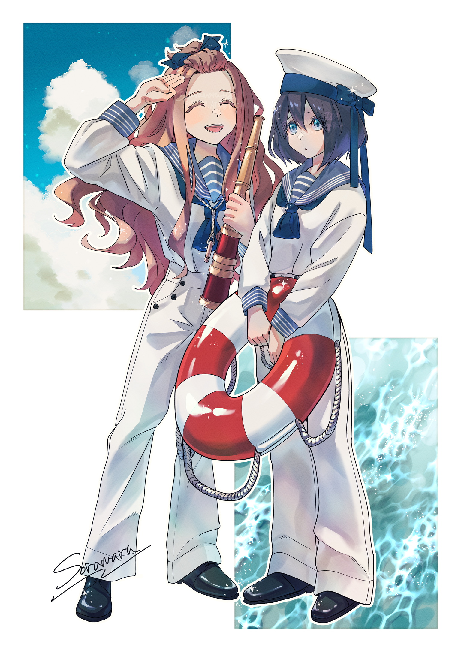 soramaru ell, original, highres, 2girls, black hair, black shoes, blue eyes, blue ribbon, blue sailor collar, brown hair, closed eyes, cloud, cloudy sky, hair ribbon, hat, holding, holding telescope, humanization, jewelry, lifebuoy, long hair, long sidelocks, looking at another, multiple girls, neckerchief, necklace, pants, ribbon, sailor, sailor collar, sailor hat, sailor shirt, salute, shirt, shoes, short hair, sidelocks, signature, sky, sparkle, spyglass, swim ring, telescope, twitter username, water, watermark, whistle, whistle around neck, white pants