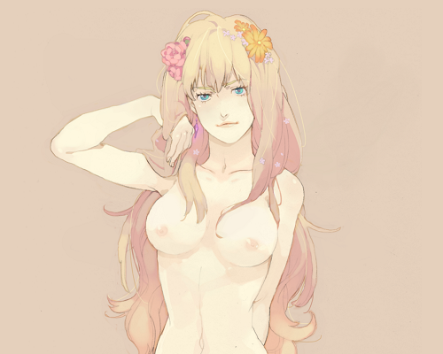 akusyu, sheryl nome, macross, macross frontier, bad id, bad pixiv id, lowres, 00s, 1girl, blonde hair, blue eyes, breasts, female focus, flower, large breasts, nipples, nude, solo