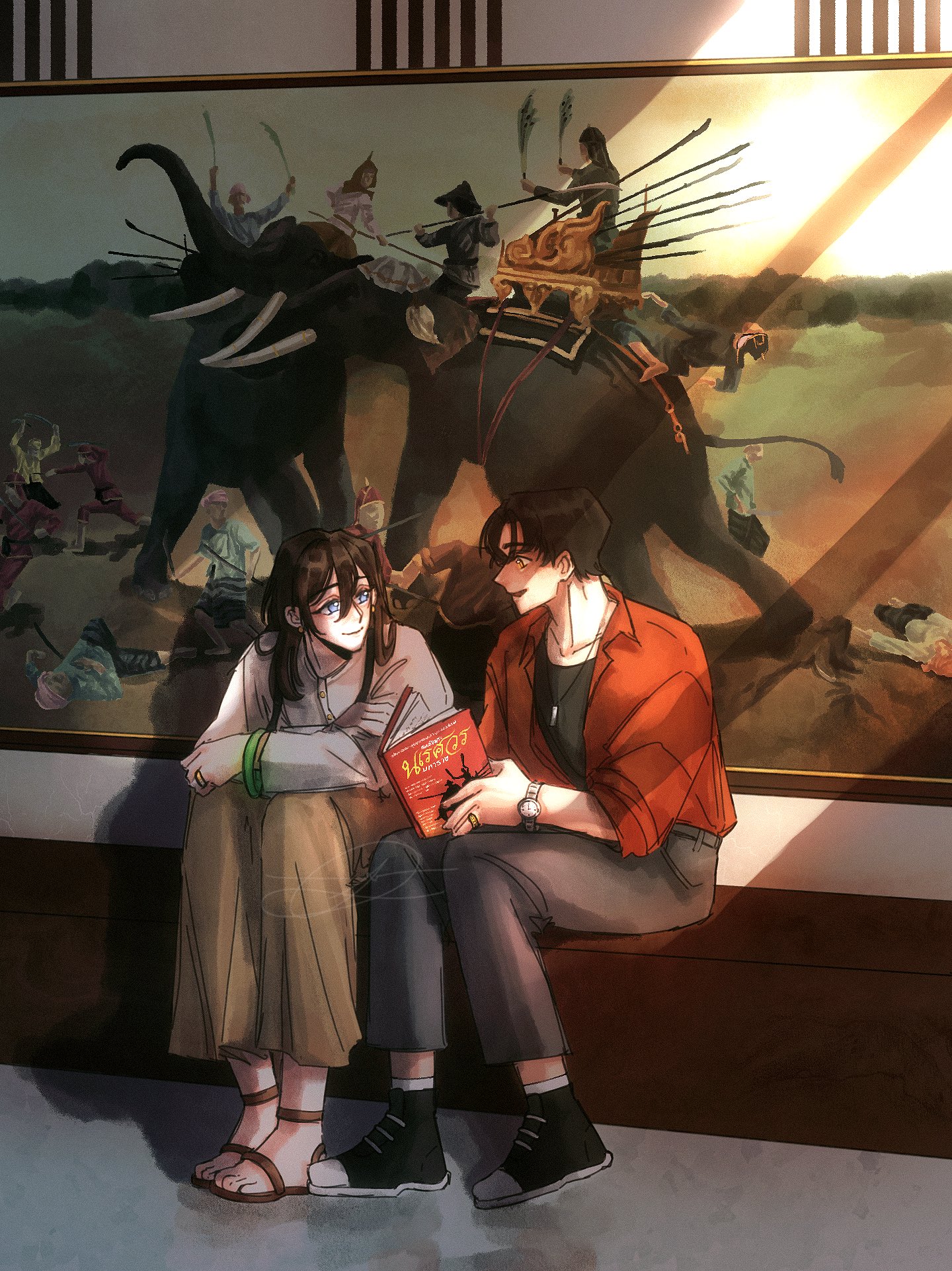 txntentxnten, character request, copyright request, highres, 1boy, 1girl, black hair, black shirt, blue eyes, book, elbows on knees, elephant, full body, holding, holding book, indoors, jacket, jewelry, light rays, looking at another, necklace, open mouth, painting (object), red jacket, sandals, shirt, shoes, short hair, sidelocks, sitting, slouching, talking, watch, wristwatch