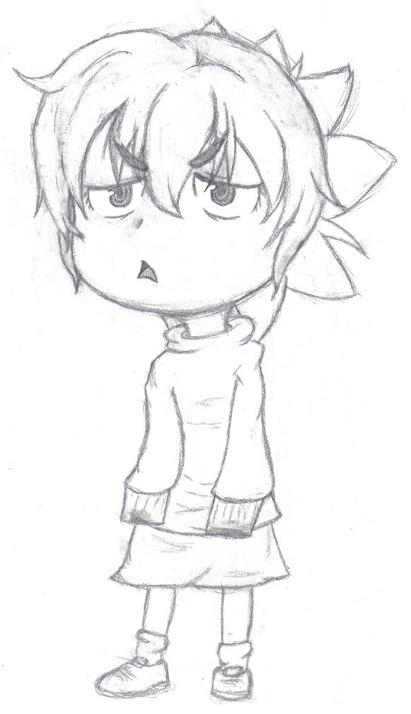 tagme, chibi, monochrome, short hair, sketch, skirt, sweater