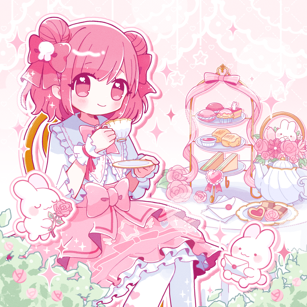 pochirou (ponpoc), original, commission, 1girl, album cover, cake, cover, cup, double bun, dress, feet out of frame, food, hair bun, holding, holding cup, holding saucer, looking at viewer, macaron, medium hair, pink dress, pink eyes, pink hair, rabbit, saucer, side up bun, sitting, solo, teacup, tiered tray, wrist cuffs
