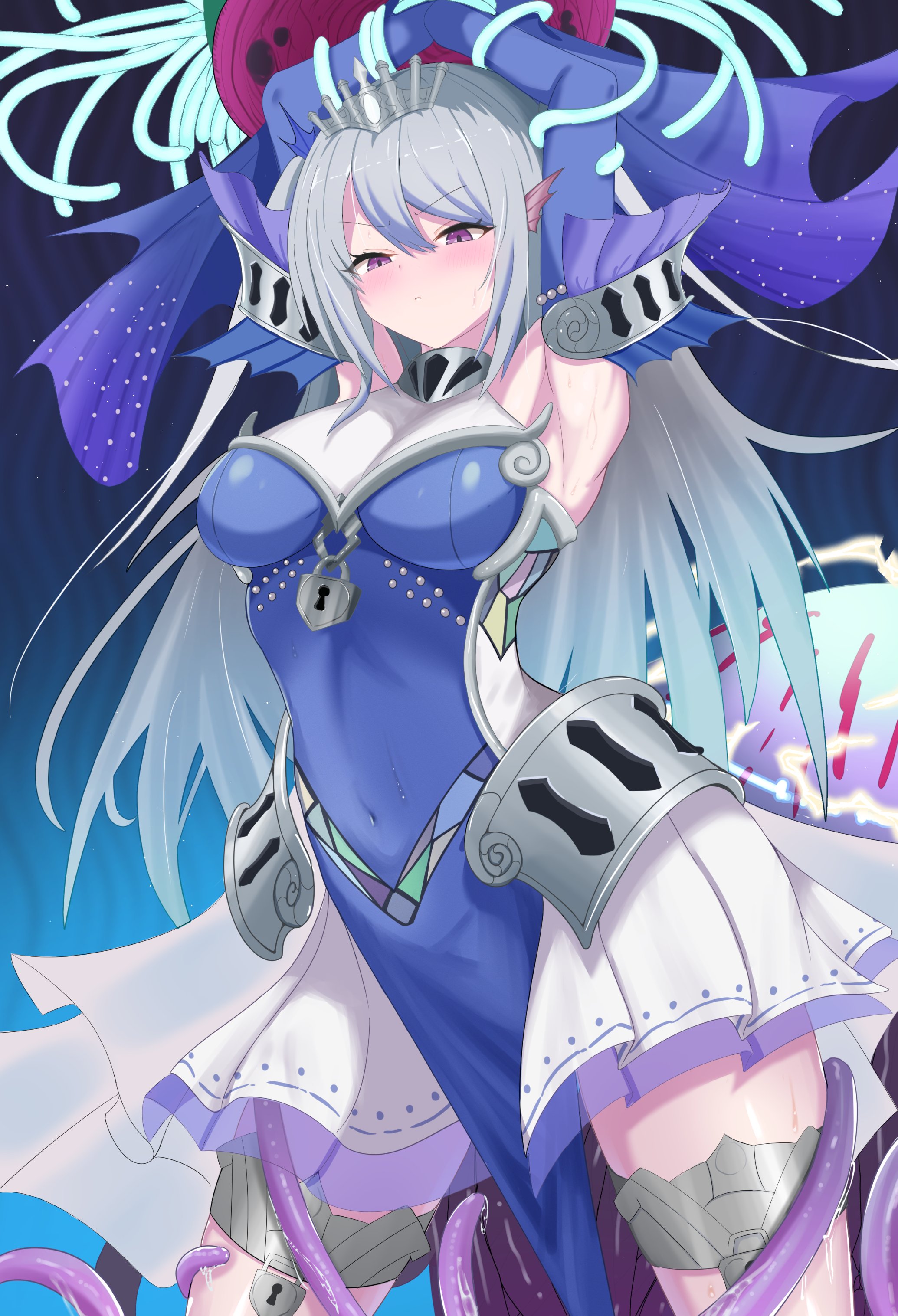 tearlaments scheiren, yu-gi-oh!, absurdres, character request, commentary request, highres, 1girl, armpits, arms up, blue dress, blue hair, blush, breasts, closed mouth, cowboy shot, detached sleeves, dress, duel monster, embarrassed, fins, grey hair, head fins, large breasts, lock, long hair, mermaid, monster girl, nien2, padlock, paleozoic dinomischus, pink eyes, purple eyes, restrained, solo, solo focus, sweat, teeth, tentacles, tiara, very long hair