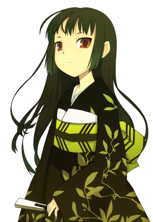 ikura hato, original, black hair, child, flat chest, hand fan, hime cut, japanese clothes, kimono, long hair, red eyes, simple background, solo