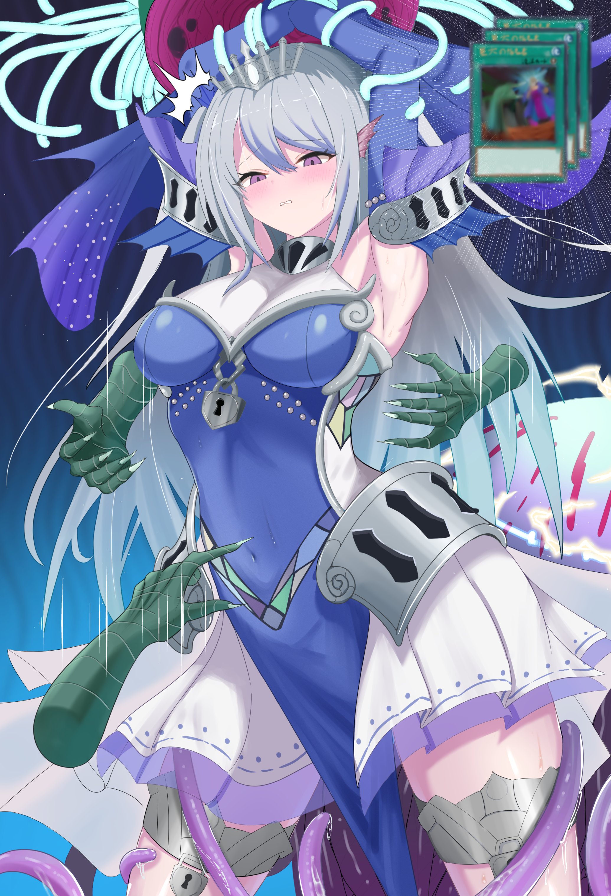 called by the grave, tearlaments scheiren, yu-gi-oh!, absurdres, character request, commentary request, highres, 1girl, armpits, arms up, blue dress, blue hair, blush, breasts, censored, closed mouth, cowboy shot, detached sleeves, dress, duel monster, embarrassed, fins, grey hair, head fins, large breasts, lock, long hair, mermaid, monster girl, mosaic censoring, nien2, padlock, paleozoic dinomischus, pink eyes, purple eyes, restrained, solo, solo focus, sweat, teeth, tentacles, tiara, very long hair