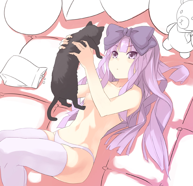 date (senpen), 3.1-tan, dos cat, os-tan, 1girl, bag, bow, cat, female focus, hair bow, loli, long hair, lying, on back, panties, purple eyes, purple hair, solo, stuffed animal, stuffed toy, teddy bear, thighhighs, topless female, underwear, white thighhighs