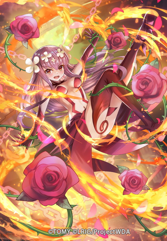 hokuyuu, hanayo (wixoss), wixoss, official art, 1girl, breasts, chain, copyright notice, elbow gloves, fire, flower, gloves, hair flower, hair ornament, looking at viewer, navel, open mouth, red eyes, red gloves, red hair, red shoes, red skirt, red thighhighs, rose, shoes, skirt, small breasts, smile, solo, teeth, thighhighs, upper teeth only