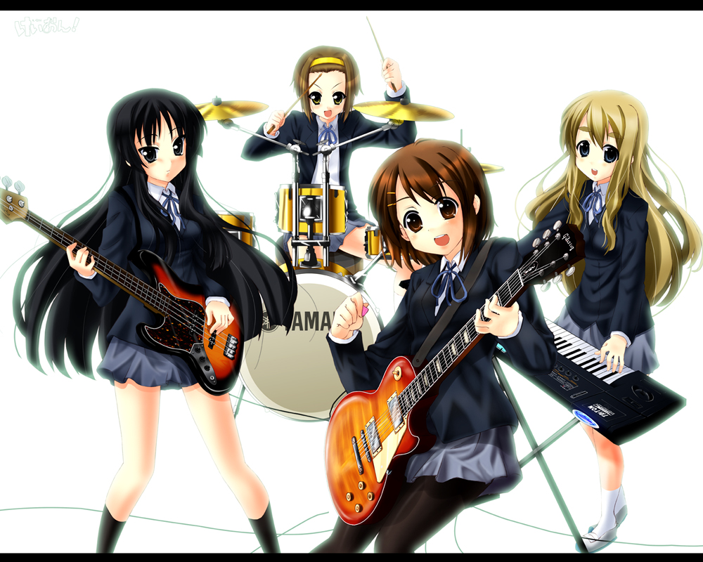iga tamaki, akiyama mio, hirasawa yui, kotobuki tsumugi, tainaka ritsu, k-on!, 00s, 4girls, black eyes, black hair, blonde hair, blue eyes, brown eyes, brown hair, drum, drum set, electric guitar, gibson les paul, guitar, ho-kago tea time, instrument, long hair, multiple girls, pantyhose, school uniform, short hair, synthesizer