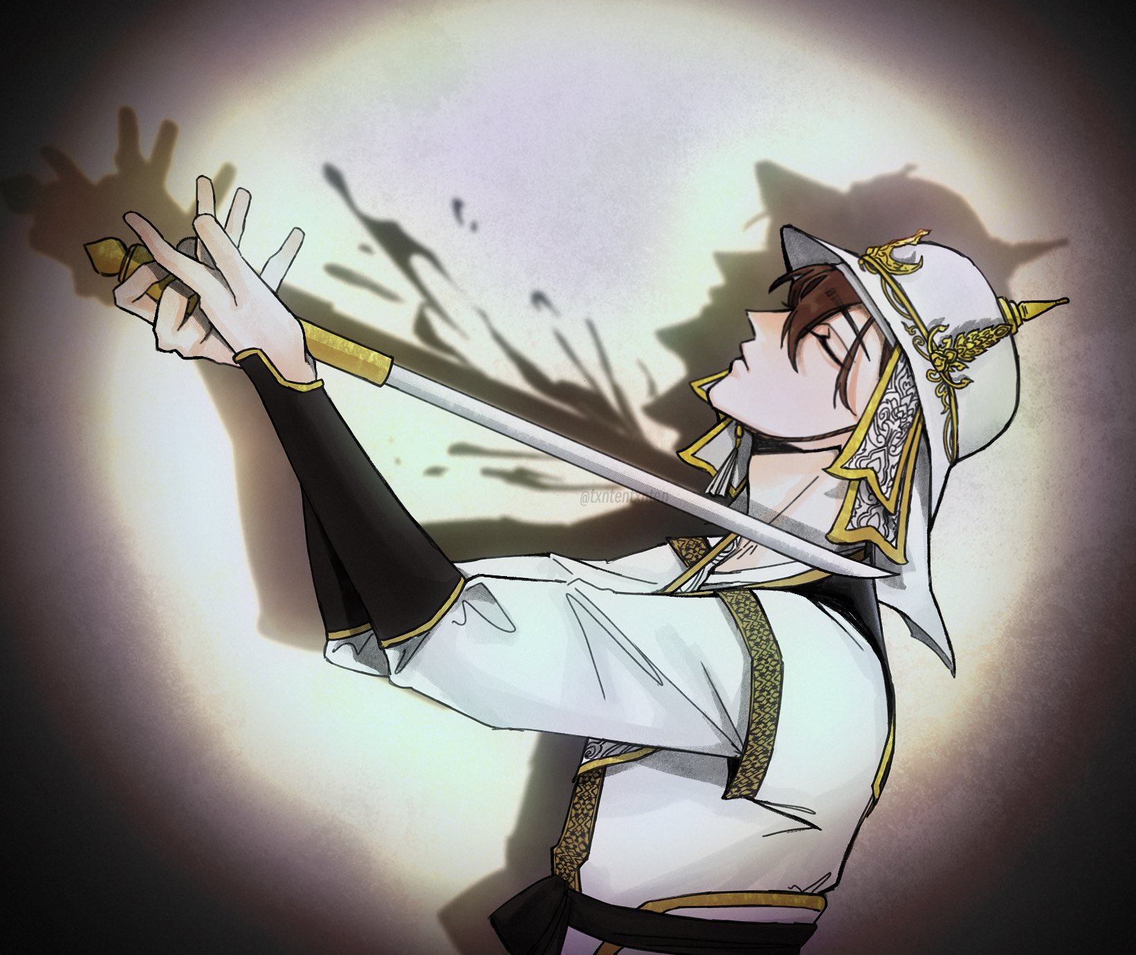 txntentxnten, character request, clothing request, copyright request, highres, 1boy, blood, blood splatter, brown hair, closed eyes, cowboy shot, drop shadow, falling, from side, gauntlets, hands up, helmet, holding, holding sword, holding weapon, male focus, short hair, solo, spotlight, suicide, sword, sword to throat, symbolism, weapon