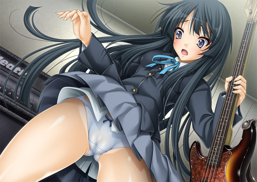 440 (straight440), akiyama mio, k-on!, bad id, bad pixiv id, 00s, 1girl, bass guitar, blazer, bow, bow panties, cameltoe, female focus, indoors, instrument, jacket, long hair, open mouth, panties, school uniform, solo, underwear