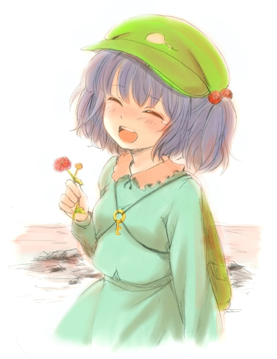 ica, kawashiro nitori, touhou, 1girl, bow, female focus, flower, hair bobbles, hair bow, hair ornament, hat, key, open mouth, solo, teeth, twintails, two side up