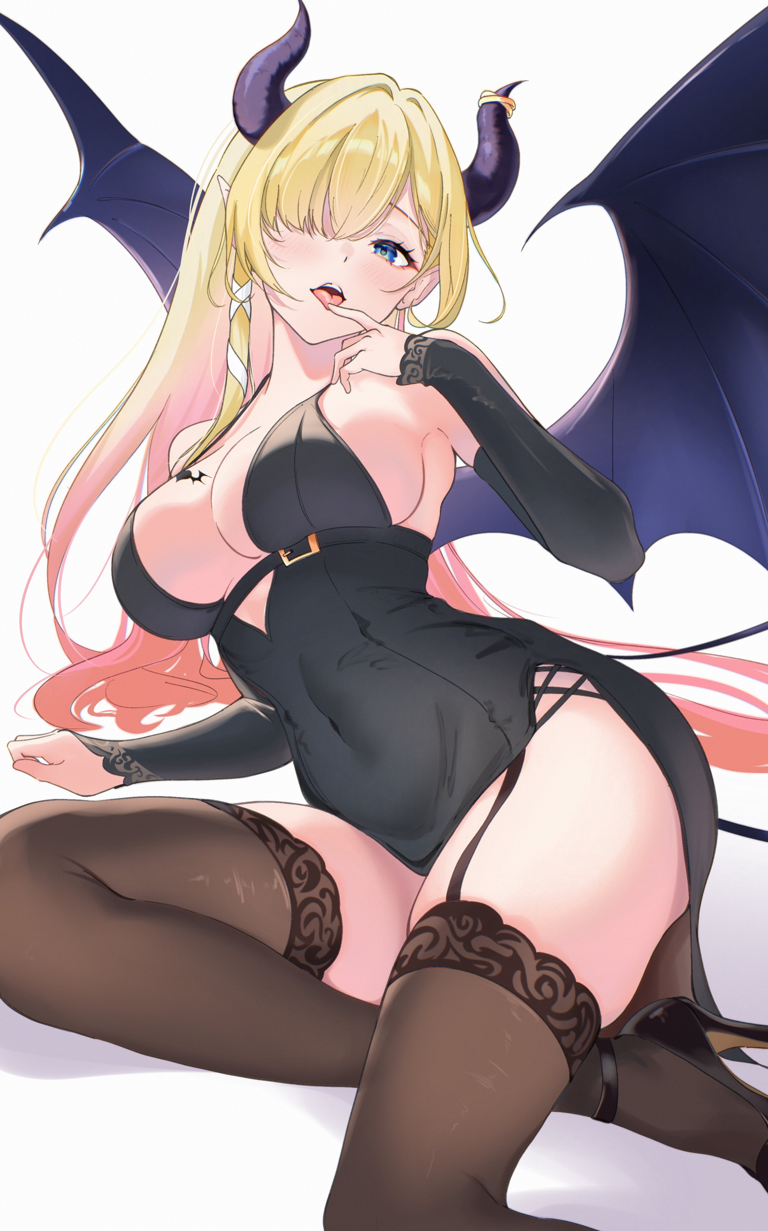 riu play, yuzuki choco, hololive, absurdres, highres, 1girl, bare shoulders, black dress, black horns, black thighhighs, black wings, blonde hair, blue eyes, breast tattoo, breasts, cleavage, demon girl, demon horns, demon tail, dress, garter straps, hair over one eye, horns, large breasts, long hair, pointy ears, simple background, solo, tail, tattoo, thighhighs, virtual youtuber, white background, winged heart, winged heart tattoo, wings