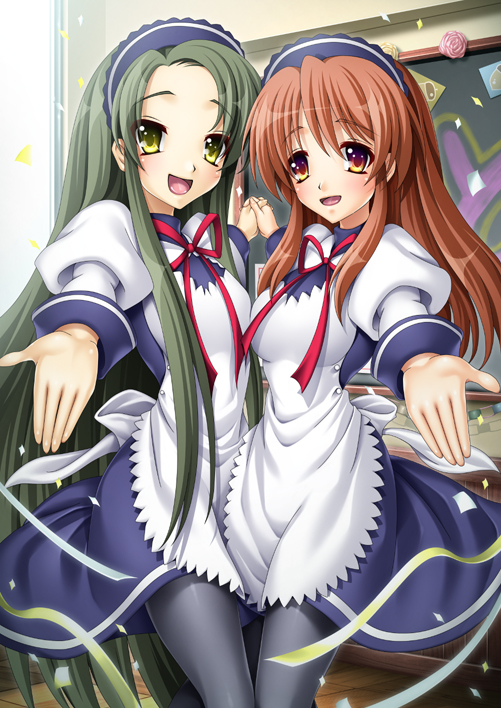 440 (straight440), asahina mikuru, tsuruya, suzumiya haruhi no yuuutsu, bad id, bad pixiv id, 00s, 2girls, indoors, long hair, looking at viewer, multiple girls, pantyhose, smile, symmetrical hand pose, very long hair, waitress