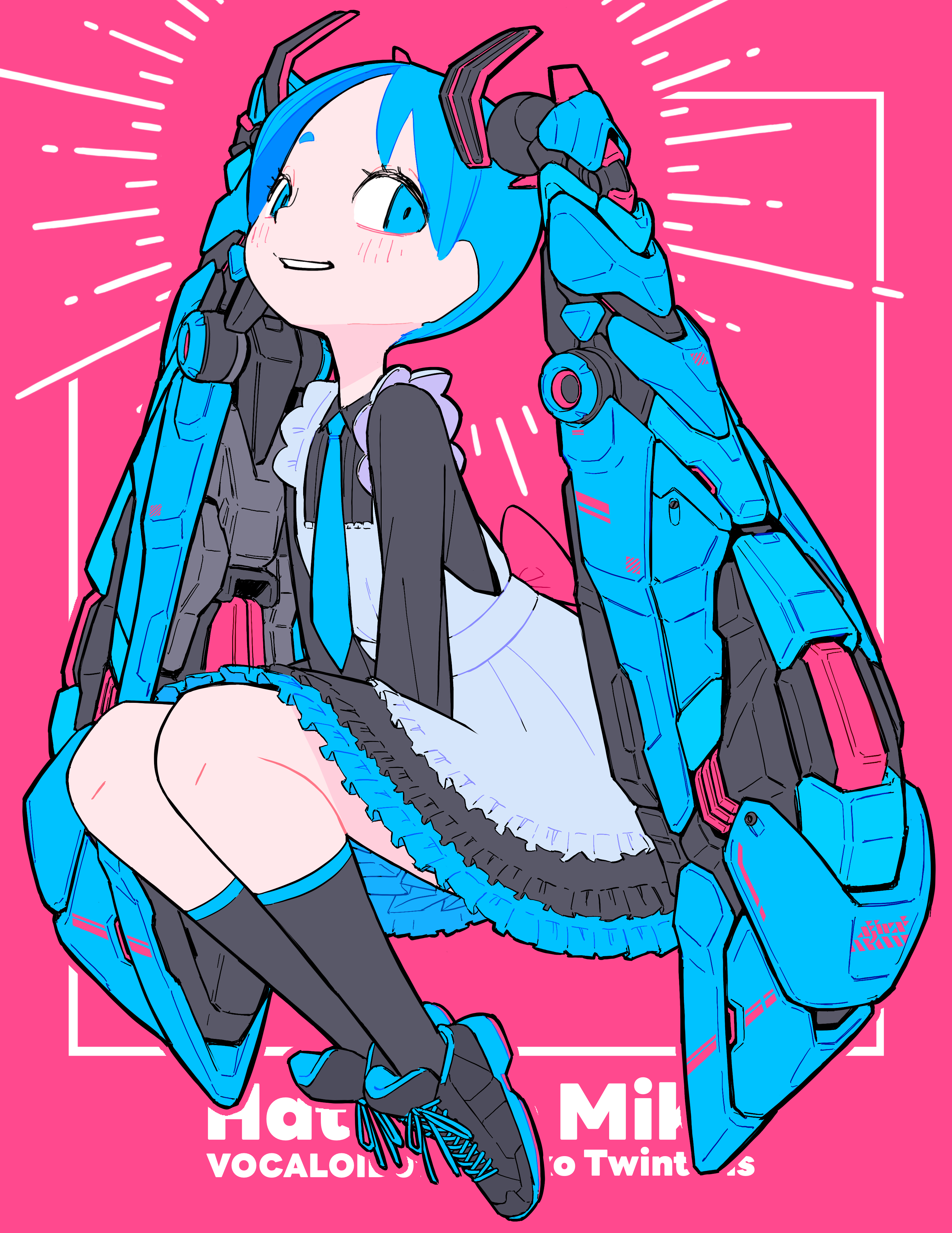 iwako (eiken3kyuboy), hatsune miku, vocaloid, absurdres, highres, alternate costume, apron, black dress, black shoes, black socks, blue eyes, blue hair, blue necktie, character name, dress, frilled dress, frills, full body, long hair, long sleeves, looking at viewer, mechanical hair, necktie, pink background, shoes, socks, twintails, white apron