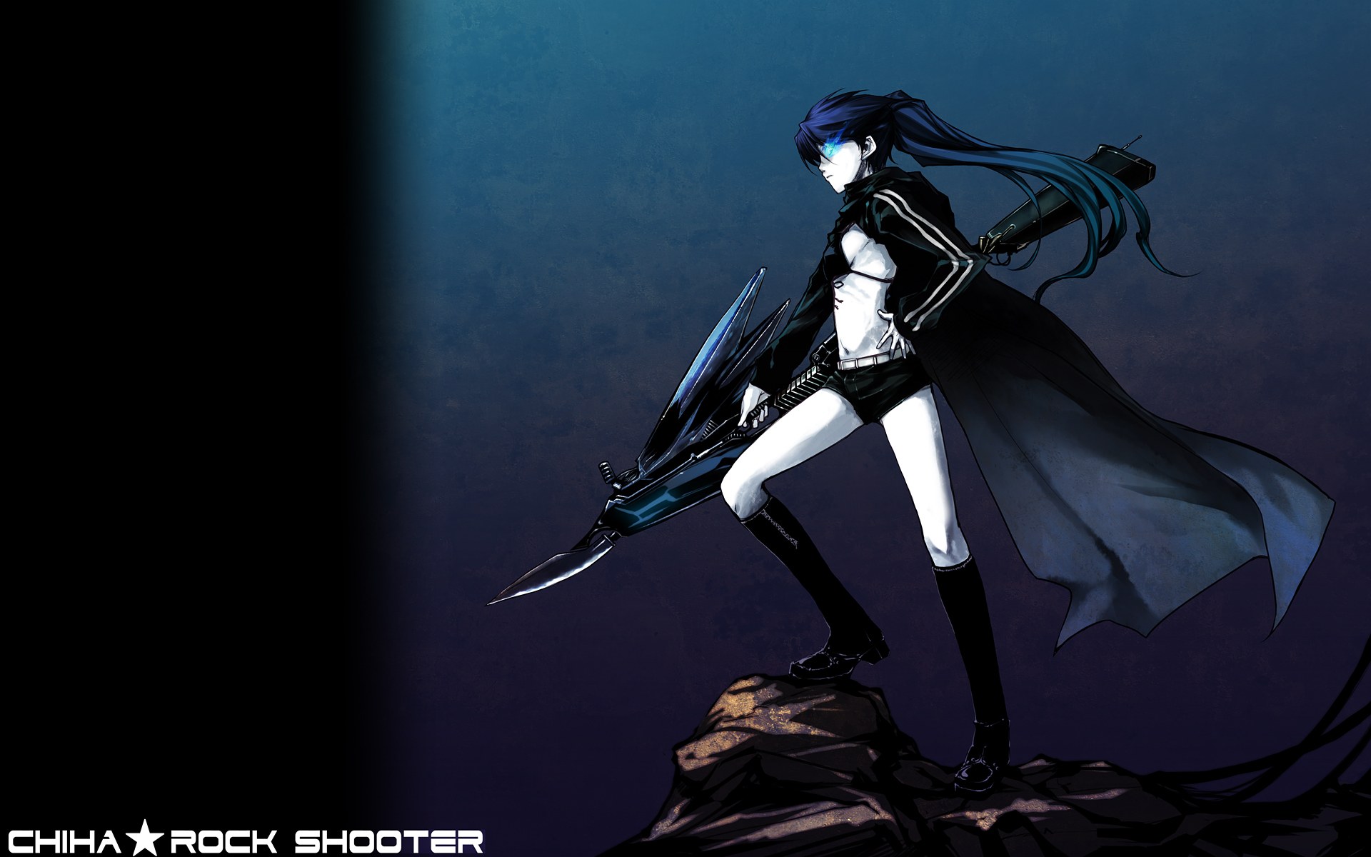 akari maki, black rock shooter (character), black rock shooter, highres, 10s, 1girl, black hair, boots, coat, female focus, midriff, solo, swimsuit
