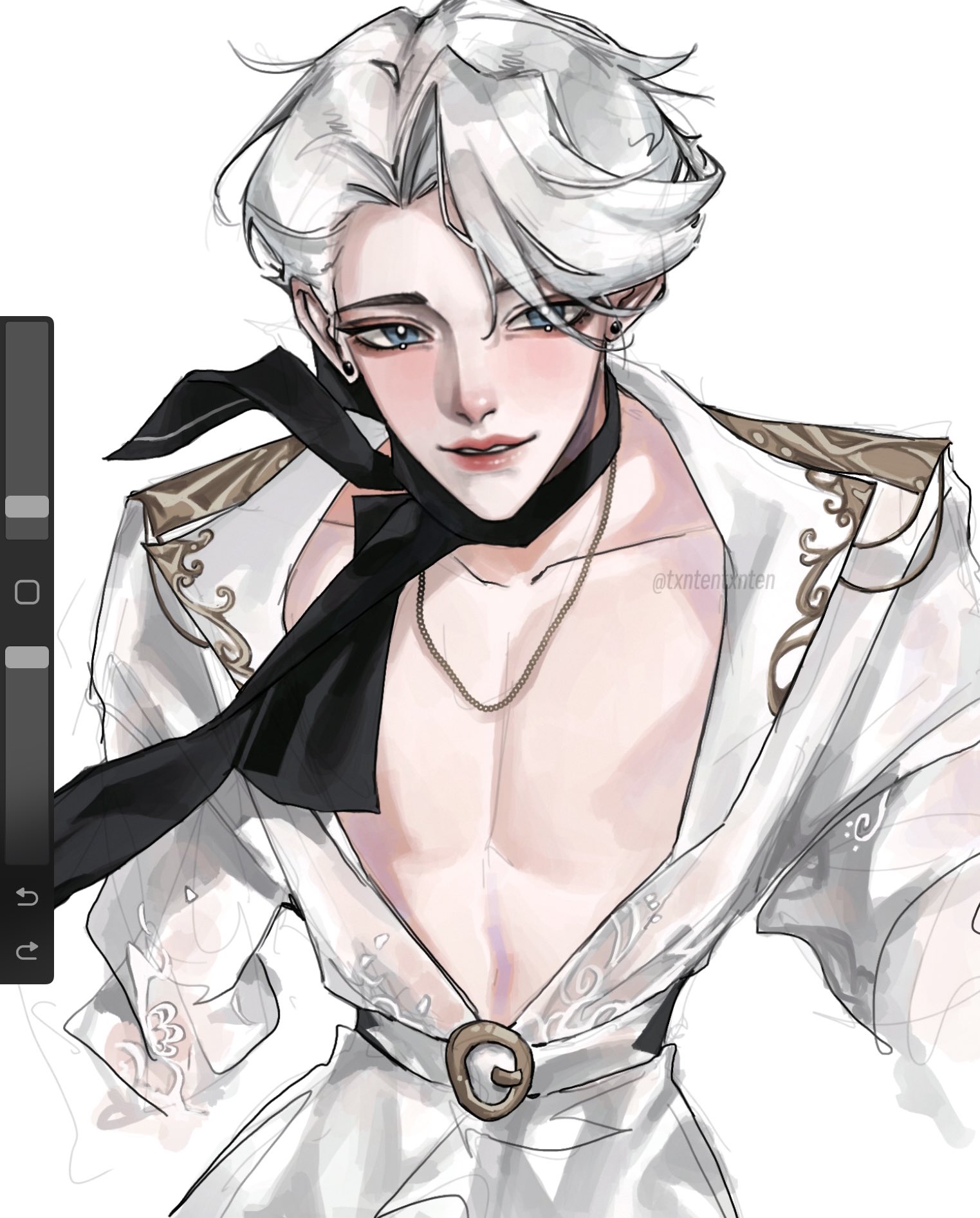 txntentxnten, nice (to be hero x), to be hero, to be hero x, screencap, commentary, hashtag-only commentary, highres, symbol-only commentary, 1boy, :d, aegyo sal, art program in frame, belt, black scarf, blue eyes, curtained hair, epaulettes, looking at viewer, male focus, open clothes, open mouth, open shirt, parted lips, pectorals, scarf, see-through clothes, see-through shirt, shirt, short hair, smile, solo, sparkling eyes, toned, toned male, white hair