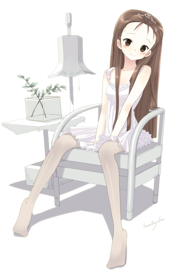 tsukigami runa, minase iori, idolmaster, idolmaster (classic), 00s, 1girl, bad anatomy, bad feet, barefoot, brown eyes, brown hair, chair, feet, female focus, full body, head tilt, lamp, long hair, pantyhose, poorly drawn, signature, sitting, skirt, solo, tiara, white pantyhose, white skirt