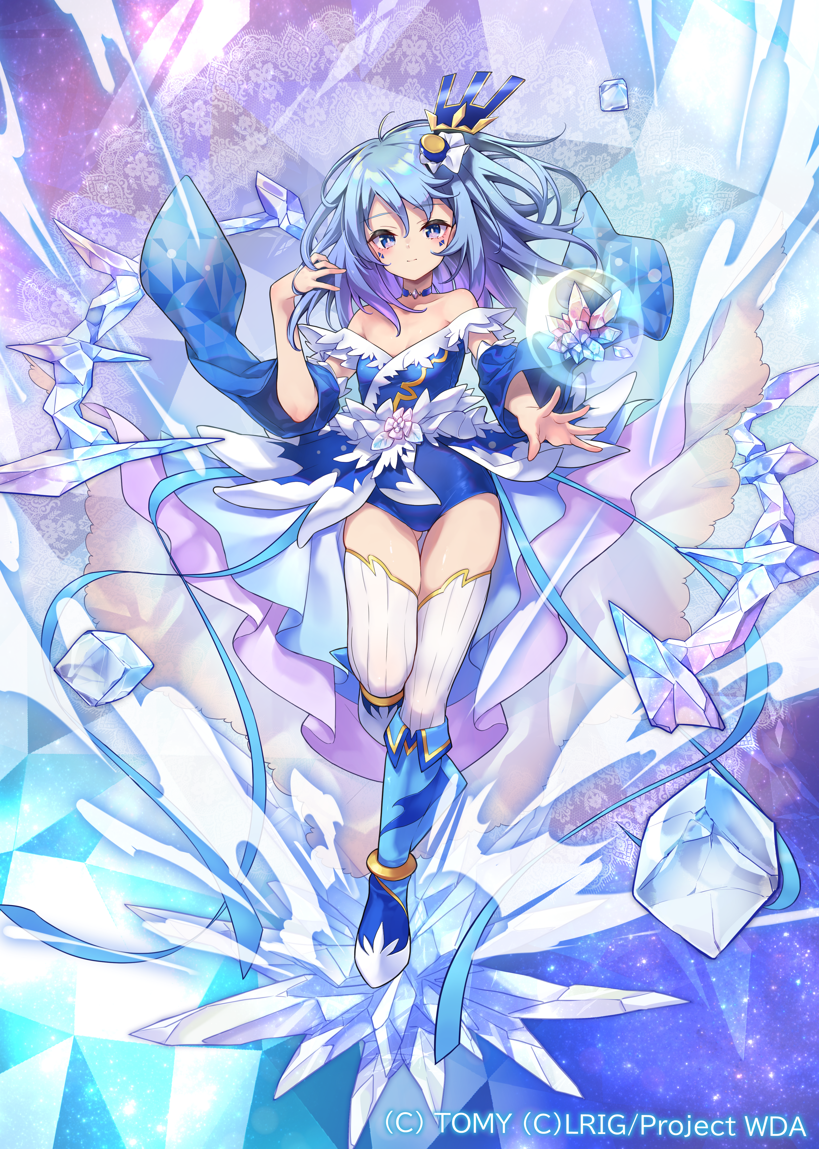 yoshida pino, piruluk, wixoss, absurdres, highres, official art, 1girl, blue choker, blue dress, blue eyes, blue hair, choker, closed mouth, copyright notice, dress, ice, jewel under eye, long hair, looking at viewer, medium hair, smile, solo, thighhighs, white thighhighs