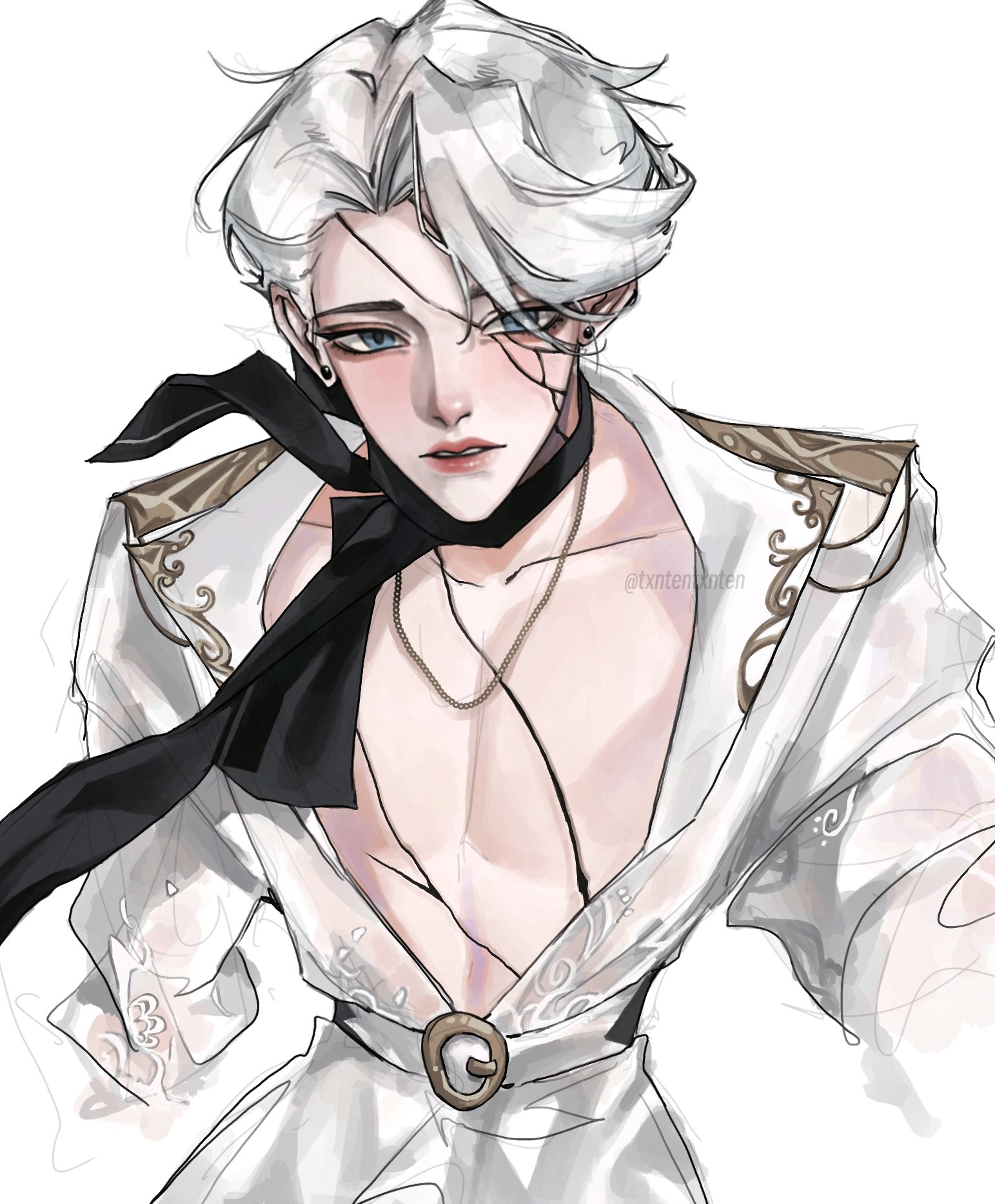 txntentxnten, nice (to be hero x), to be hero, to be hero x, highres, variant set, 1boy, aegyo sal, belt, black scarf, blue eyes, cracked skin, curtained hair, epaulettes, looking at viewer, male focus, open clothes, open shirt, parted lips, pectorals, scarf, see-through clothes, see-through shirt, shirt, short hair, solo, toned, toned male, white hair