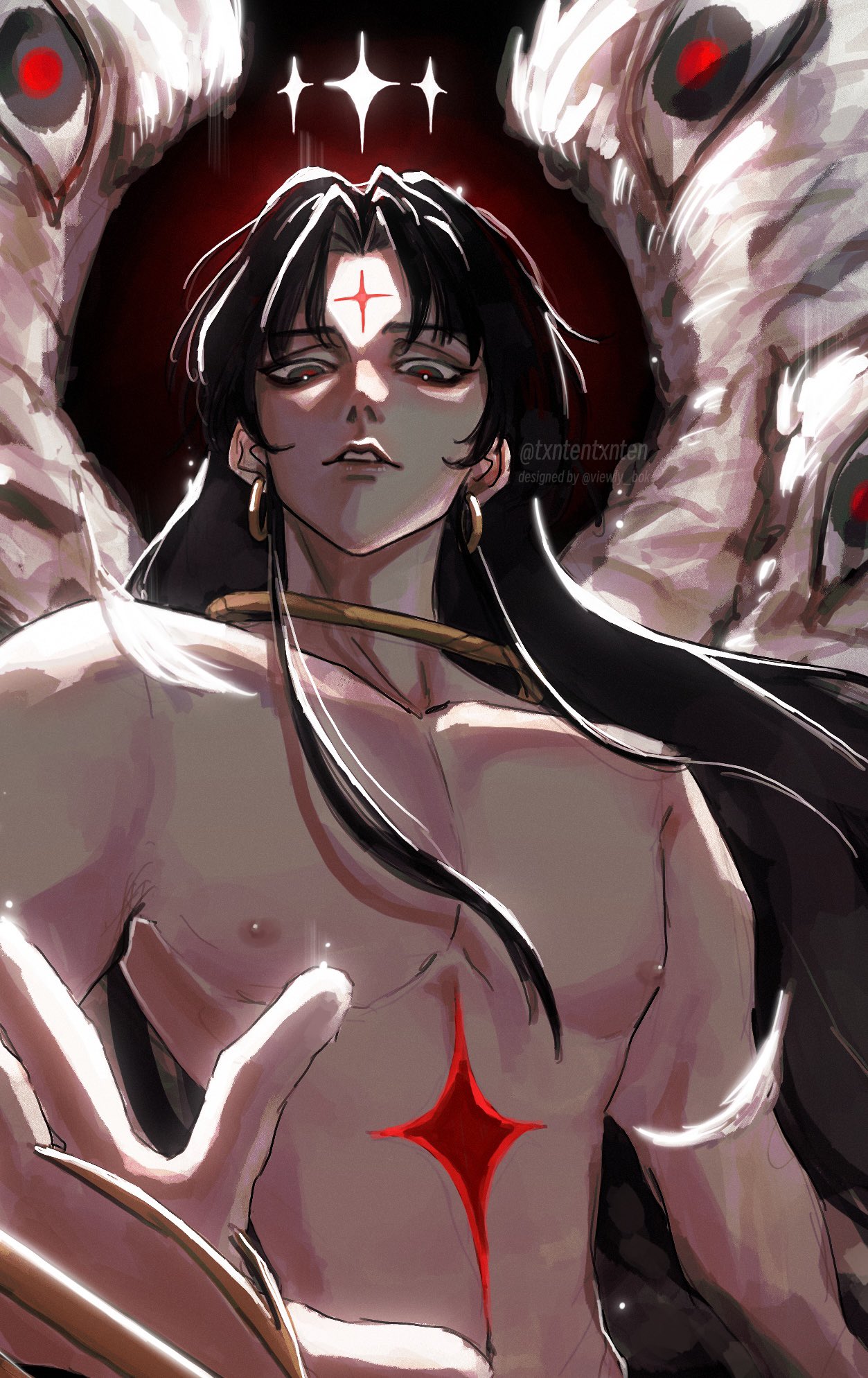 txntentxnten, character request, copyright request, highres, 1boy, aegyo sal, backlighting, black hair, brown eyes, chest markings, crown, curtained hair, facial mark, falling feathers, feathered wings, feathers, forehead mark, hair flowing over, long hair, long sidelocks, looking at viewer, male focus, nipples, no shirt, offering hand, open mouth, sidelocks, solo, toned, toned male, too many eyes, twitter username, watermark, white wings, wings