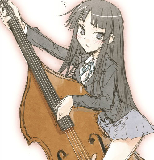 konoe ototsugu, akiyama mio, k-on!, 00s, 1girl, ?, bass guitar, black hair, blazer, blush, double bass, female focus, gradient background, instrument, jacket, long hair, school uniform, solo, very long hair