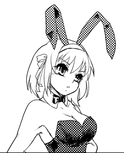bt (shio oninko), buri, suzumiya haruhi, suzumiya haruhi no yuuutsu, lowres, 00s, 1girl, animal ears, armpits, fake animal ears, female focus, greyscale, monochrome, playboy bunny, rabbit ears, solo