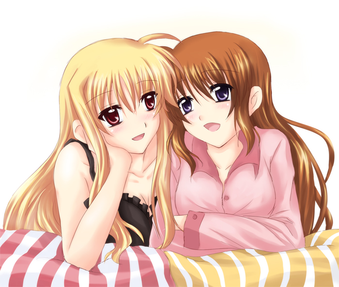 misuzu (iridescence), fate testarossa, takamachi nanoha, lyrical nanoha, mahou shoujo lyrical nanoha, mahou shoujo lyrical nanoha a's, mahou shoujo lyrical nanoha strikers, bad id, bad pixiv id, 00s, 2girls, bed, blonde hair, blush, brown hair, female focus, long hair, multiple girls, open mouth, pajamas, purple eyes, red eyes